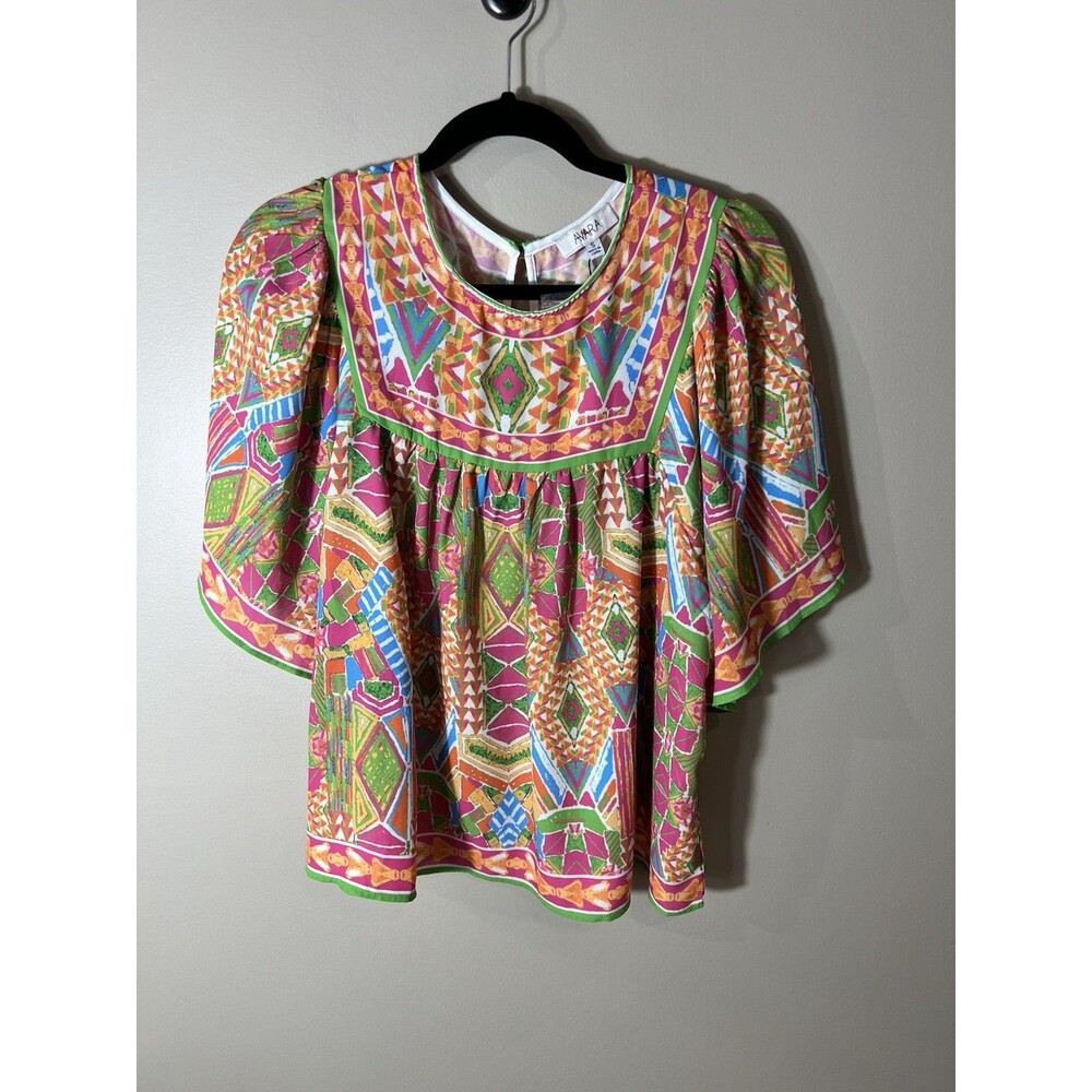 AVARA Women Nadia Colorful Flowy Blouse Orange Pink Green Small NEW